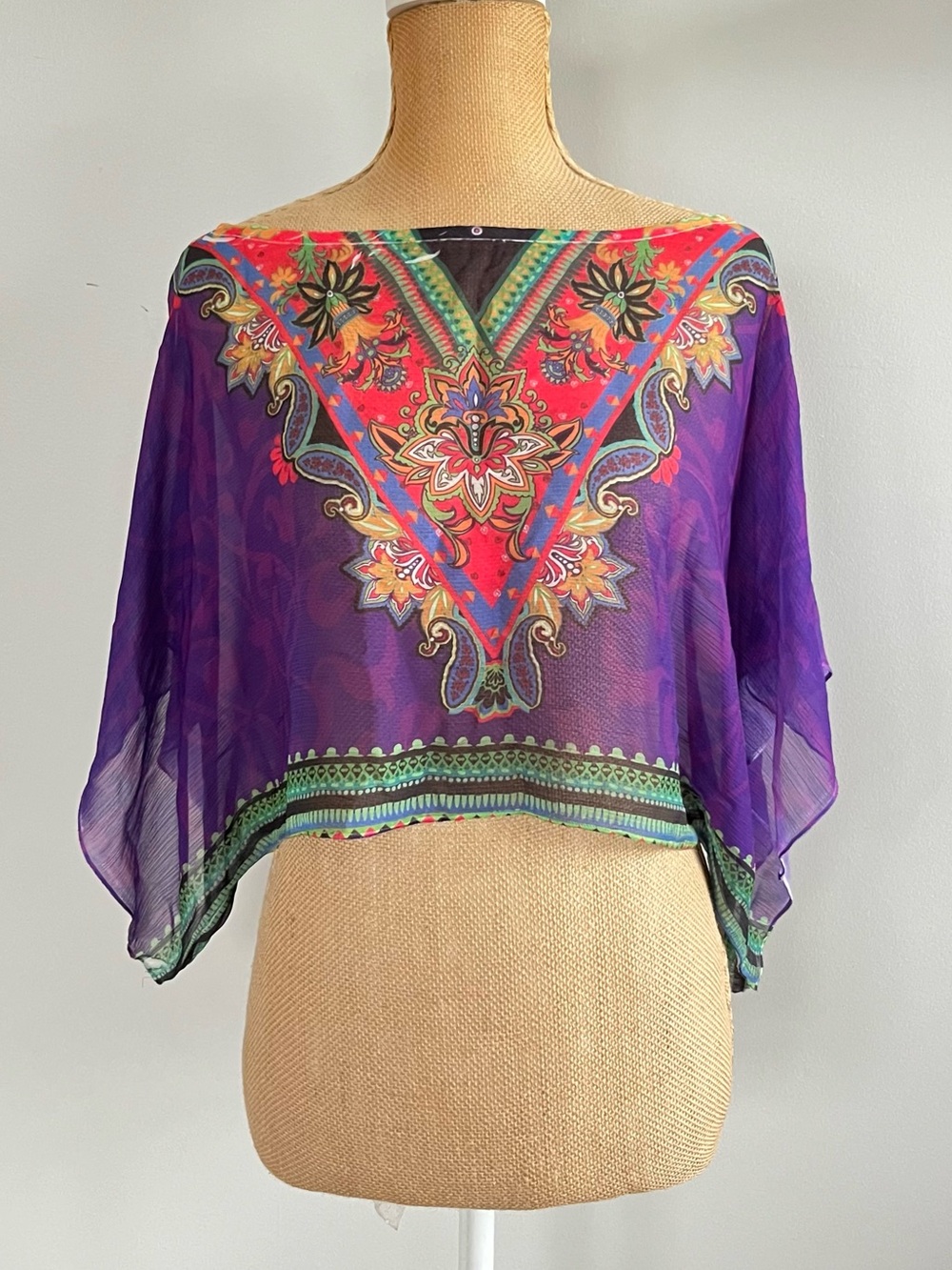Lipstick Boho Sheer Chiffon Poncho Blouse Purple Paisley Festival Top S